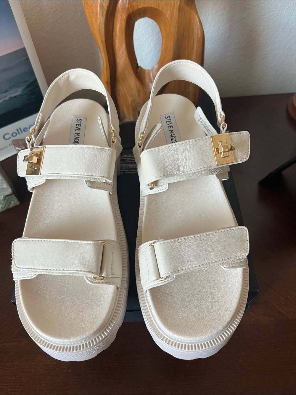 Steve Madden Cream White Slingback Platform Sandals with Gold Buckles